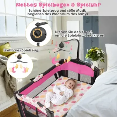 Dětská postýlka 4 v 1 skládací cestovní postýlka a boční postel a přebalovací pult a ohrádka černá + růžová