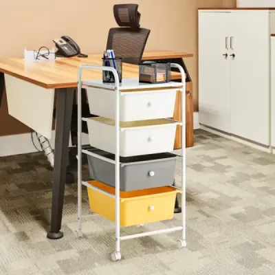 Vozík se 4 stohovatelnými zásuvkami a kovovým rámem a policí 37 x 32 x 76 cm černý