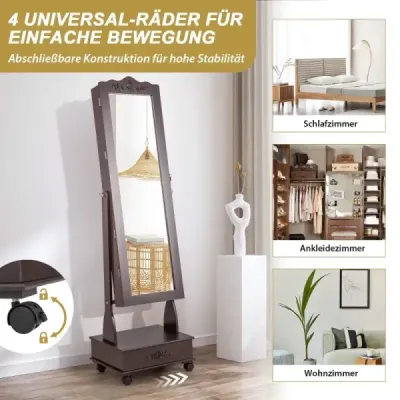 Skříňka na šperky Zrcadlová skříňka se zrcadlem a zásuvkami po celé délce a LED Brown