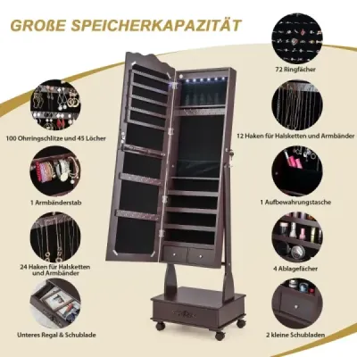 Skříňka na šperky Zrcadlová skříňka se zrcadlem a zásuvkami po celé délce a LED Brown