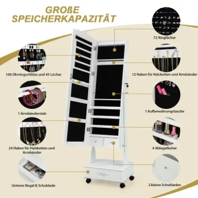 Zrcadlová skříňka na šperky s celoplošným zrcadlem a zásuvkami a bílou LED