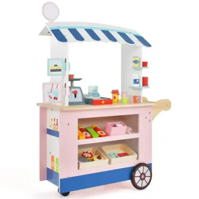 Dětský dřevěný vozík na jídlo na 3 kolech s pokladním food truckem pro děti od 3 let.