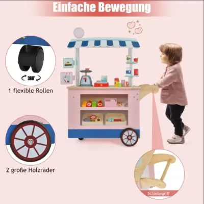 Dětský dřevěný vozík na jídlo na 3 kolech s pokladním food truckem pro děti od 3 let.