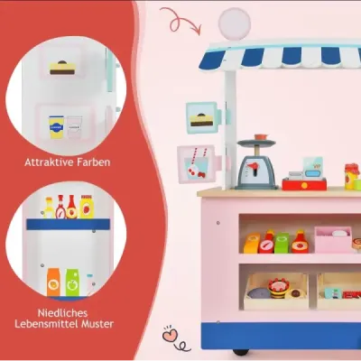 Dětský dřevěný vozík na jídlo na 3 kolech s pokladním food truckem pro děti od 3 let.