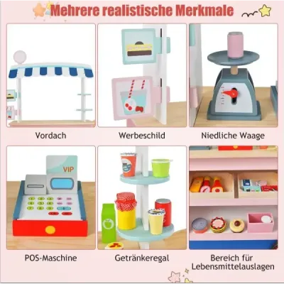 Dětský dřevěný vozík na jídlo na 3 kolech s pokladním food truckem pro děti od 3 let.