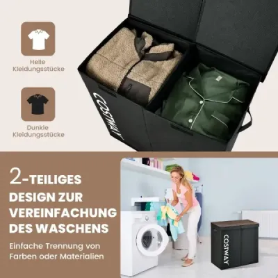 115L 2-přihrádkový koš na prádlo vyrobený z netkané textilie s víkem a držadly 62 x 31 x 60 cm Černá
