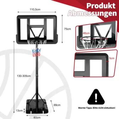 130 - 305 cm Basketbalový stojan se sítí a 2 kolečky Výškově nastavitelný černý