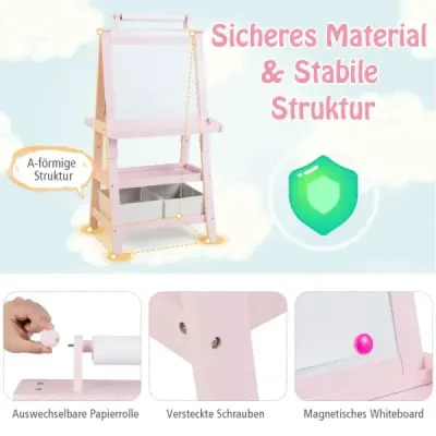 Dětský stojan 3 v 1 oboustranná tabule a tabule a papír na kreslení růžový