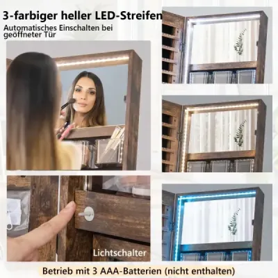 Skříňka na šperky se zrcadlem a 3-barevným LED osvětlením 41,5 x 37 x 157 cm Rustikální hnědá