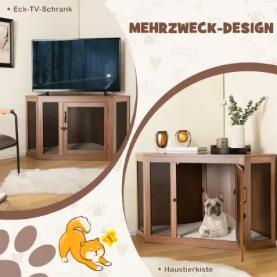 Rohová přepravka pro domácí zvířata Koncový stolek pro psy s dvířky a polštářkem 114 x 59 x 67 cm hnědá