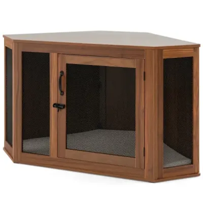 Rohová přepravka pro domácí zvířata Koncový stolek pro psy s dvířky a polštářkem 114 x 59 x 67 cm hnědá