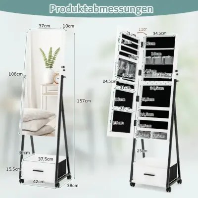 Zrcadlová skříňka na šperky a make-up se zrcadlem po celé délce 42 x 38 x 157 cm Bílá