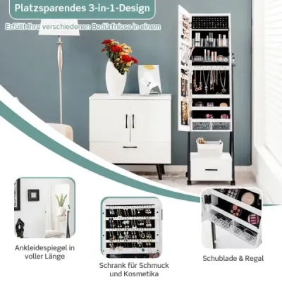 Zrcadlová skříňka na šperky a make-up se zrcadlem po celé délce 42 x 38 x 157 cm Bílá