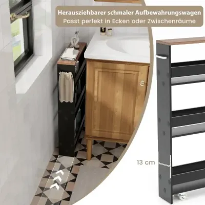 4 patrová výklenková police na dřevěných kolečkách s rukojetí kuchyňský vozík 48 x 13 x 81 cm černá + hnědá