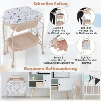 Dětský přebalovací pult s vaničkou Přenosný přebalovací pult s PVC deskou 86 x 50 x 100 cm Béžová