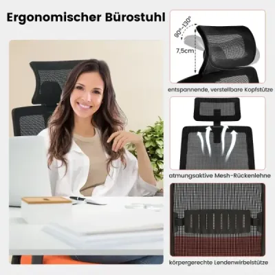 Ergonomická kancelářská židle s opěradlem a bederní opěrkou a pohodlnou 3D opěrkou hlavy do 180 kg