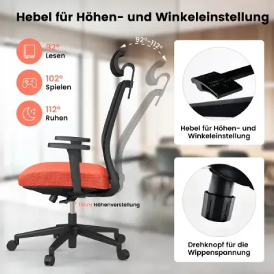 Ergonomická kancelářská židle s opěradlem a bederní opěrkou a pohodlnou 3D opěrkou hlavy do 180 kg