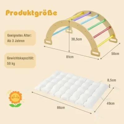 Dřevěný lezecký oblouk s měkkým polštářem na houpání, lezení a plazení, prolézačka, barevné