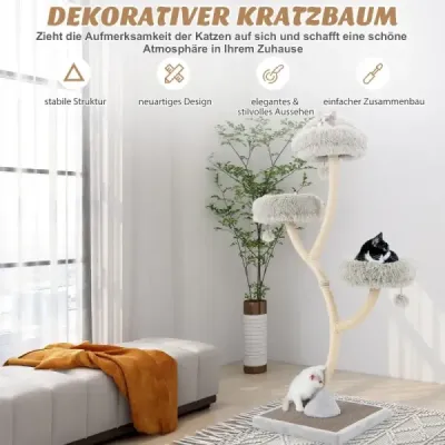 Strom pro kočky 178 cm se sisalovými škrábadly a 3 teplými lehací plochami a plyšovými míčky Béžová