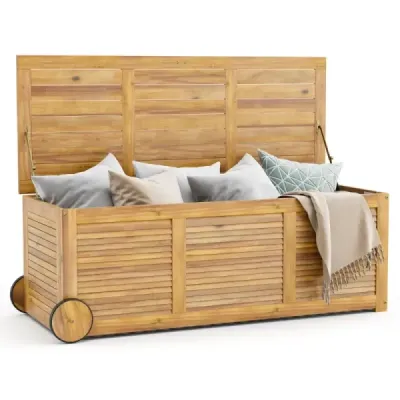 Dřevěný zahradní box 182L na kolečkách s voděodolnou vnitřní taškou a rukojetí 127 x 50 x 45 cm