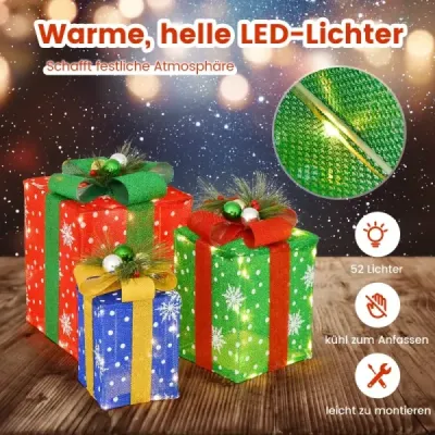 Sada 3 LED dárkových krabic s mašlí a 52 teplých bílých LED vodotěsných vánočních krabic