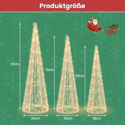 3 LED vánoční stromky ve tvaru kužele s pohádkovými světýlky a hvězdicovými šňůrkami