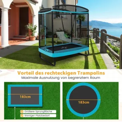 2 v 1 dětská trampolína s houpačkou a bezpečnostní sítí a krytem okrajů modrá + černá