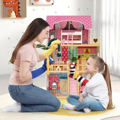Dřevěný domeček pro panenky se 3 patry a 15 nábytkem a 6 pokoji domeček pro panenky