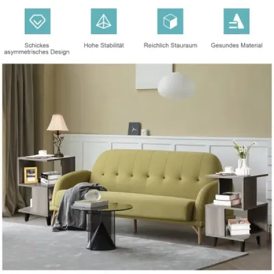 2-úrovňová sada nočních stolků 2 boční stolky s nohama z masivního dřeva 40 x 40 x 64 cm Šedá