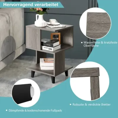 2-úrovňová sada nočních stolků 2 boční stolky s nohama z masivního dřeva 40 x 40 x 64 cm Šedá