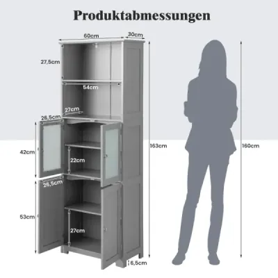 Koupelnová skříňka vysoká 163 cm Volně stojící úložná skříňka se skleněnými dvířky a nastavitelnými policemi Šedá