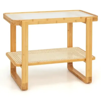 Konferenční stolek s odnímatelnou skleněnou deskou a ratanovou policí Konferenční stolek s bambusovým rámem