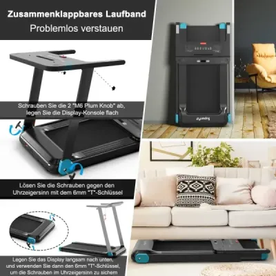 Skládací domácí běžecký pás s Bluetooth reproduktorem a LED displejem a držákem zařízení námořnická modrá