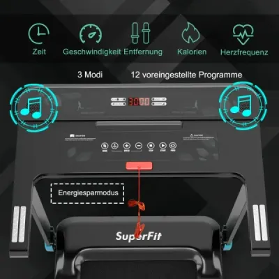 Skládací domácí běžecký pás s Bluetooth reproduktorem a LED displejem a držákem zařízení námořnická modrá