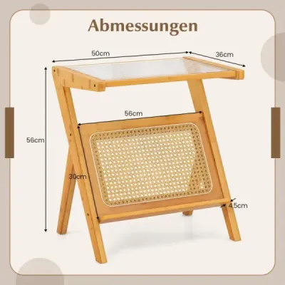 Bambusový boční stolek s držákem na časopisy z ratanu a konferenčním stolkem z tvrzeného skla ve tvaru písmene Z