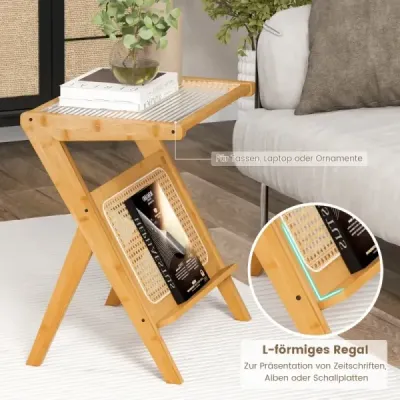 Bambusový boční stolek s držákem na časopisy z ratanu a konferenčním stolkem z tvrzeného skla ve tvaru písmene Z