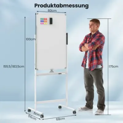 60 x 100 cm Oboustranná magnetická tabule s kolečky a stojanem a zásobníkem na pera Bílá