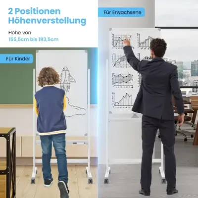 60 x 100 cm Oboustranná magnetická tabule s kolečky a stojanem a zásobníkem na pera Bílá