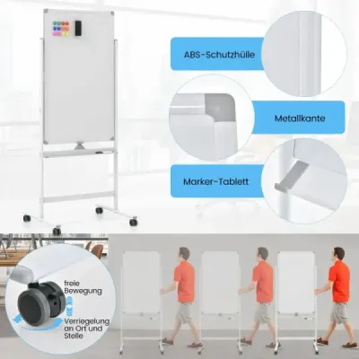 60 x 100 cm Oboustranná magnetická tabule s kolečky a stojanem a zásobníkem na pera Bílá