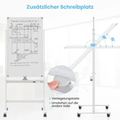 60 x 100 cm Oboustranná magnetická tabule s kolečky a stojanem a zásobníkem na pera Bílá