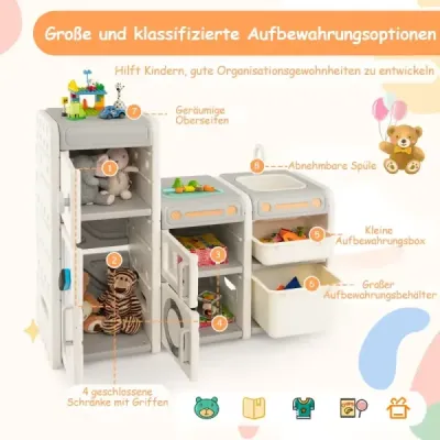 Dětská skříňka na hračky s magnetickou tabulí a odnímatelným umyvadlem a baterií