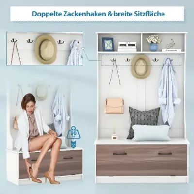 Věšák na kabáty s lavičkou a 5 dvojitými háčky Věšák na kabáty do předsíně 100 x 40 x 160 cm bílý
