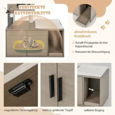 Škrábadlo s toaletní skříňkou moderní kočičí věž 2 v 1 s jeskyní 95 x 55,5 x 132 cm šedá Škrábadlo s toaletní skříňkou moderní kočičí věž 2 v 1 s jeskyní 95 x 55,5 x 132 cm šedá