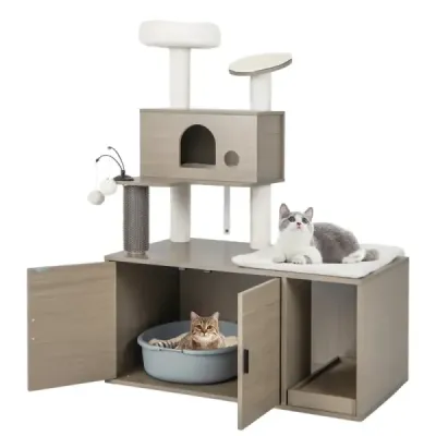 Škrábadlo s toaletní skříňkou moderní kočičí věž 2 v 1 s jeskyní 95 x 55,5 x 132 cm šedá Škrábadlo s toaletní skříňkou moderní kočičí věž 2 v 1 s jeskyní 95 x 55,5 x 132 cm šedá