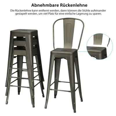 Sada 4 restauračních židlí s odnímatelným opěradlem a podložkami pod nohy Kovové židle gunmetal