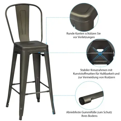Sada 4 restauračních židlí s odnímatelným opěradlem a podložkami pod nohy Kovové židle gunmetal