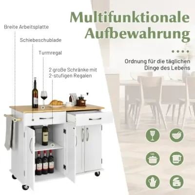 Pojízdný kuchyňský ostrůvek s pracovní deskou z gumového dřeva, 4dveřový servírovací vozík 122 x 48 x 92,5 cm bílý