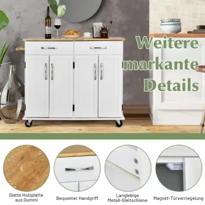 Pojízdný kuchyňský ostrůvek s pracovní deskou z gumového dřeva, 4dveřový servírovací vozík 122 x 48 x 92,5 cm bílý