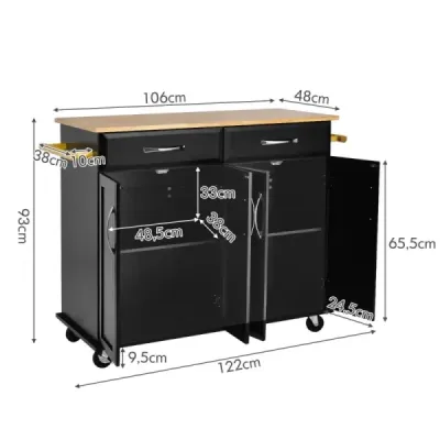 Pojízdný kuchyňský ostrůvek s pracovní deskou z gumového dřeva, 4dveřový servírovací vozík 122 x 48 x 92,5 cm černý