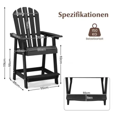 Venkovní bar židle s područkou a opěrkou nohou HDPE Patio židle odolná vůči povětrnostním vlivům Pub Stool Black